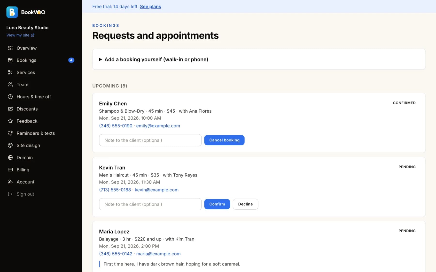 Booking requests in the BookVAO dashboard