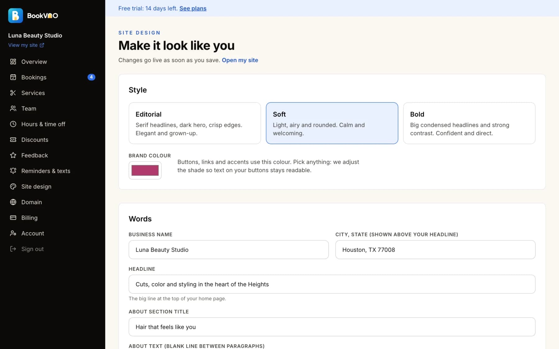 Choosing a style and brand colour in the BookVAO dashboard